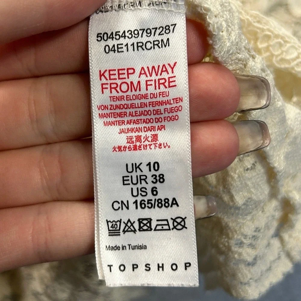 Topshop Lace Short Sleeve Crop Top Womens US 6 Cream Ivory Floral Scalloped Hem